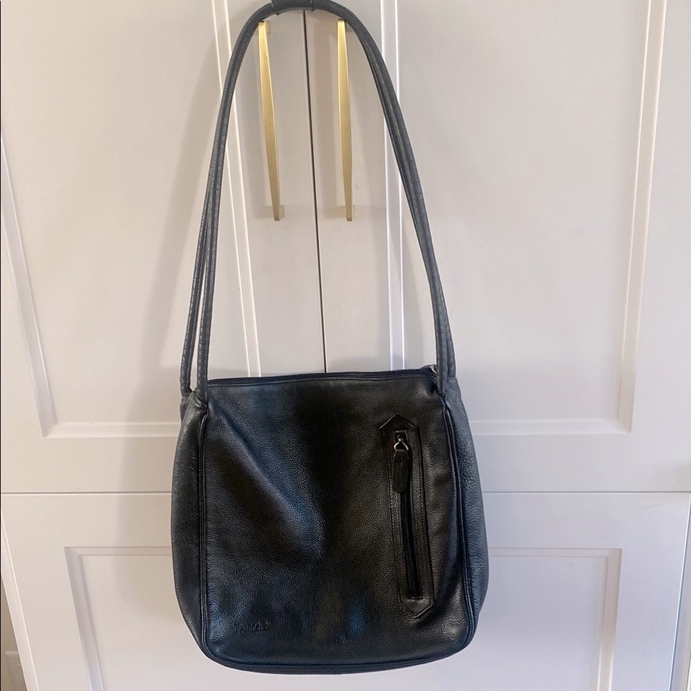 TIGNANELLO Black Pebbled Leather Shoulder Bag with 2 outside compartments